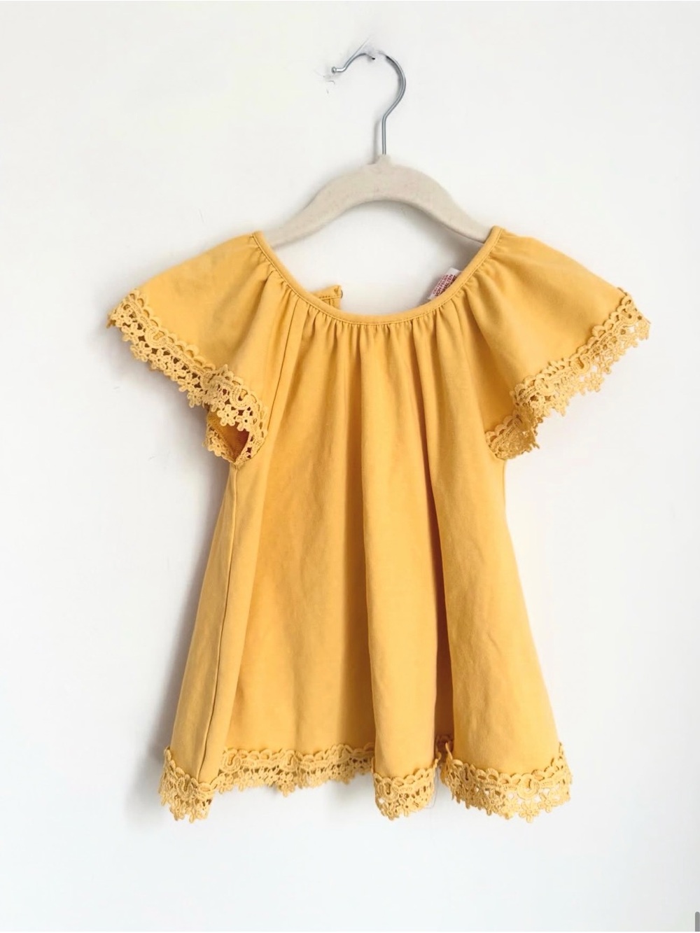 Shabby Chic Yellow Crochet Trim Flutter Sleeve Tunic (Size 24m)